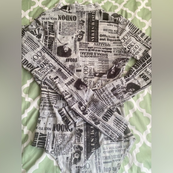 Mesh Newspaper Print Bodysuit - Picture 2 of 2